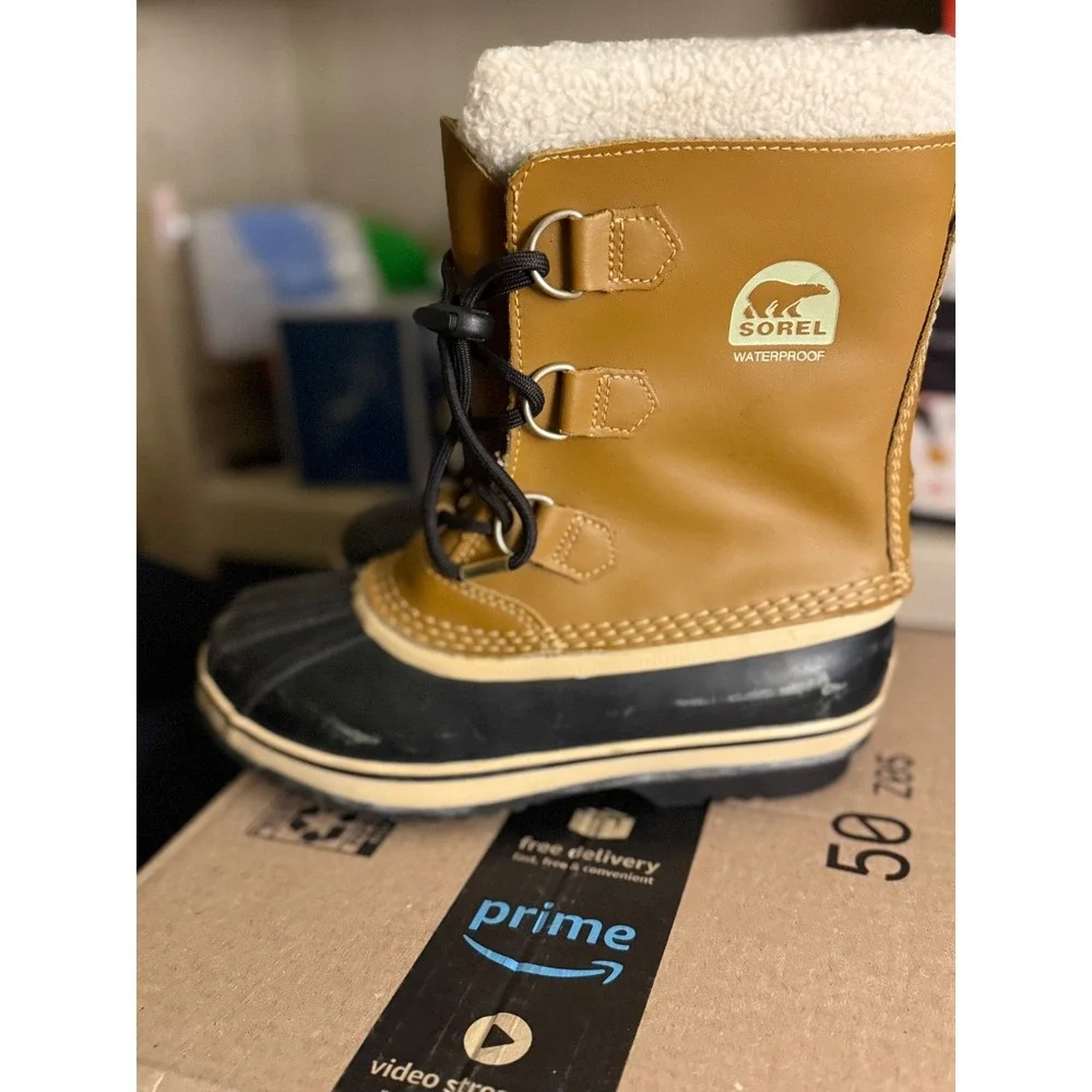 Sorel Yoot Pac Nylon Waterproof‎ Snow Rain Boot Tan Black Faux Fur Women's 5